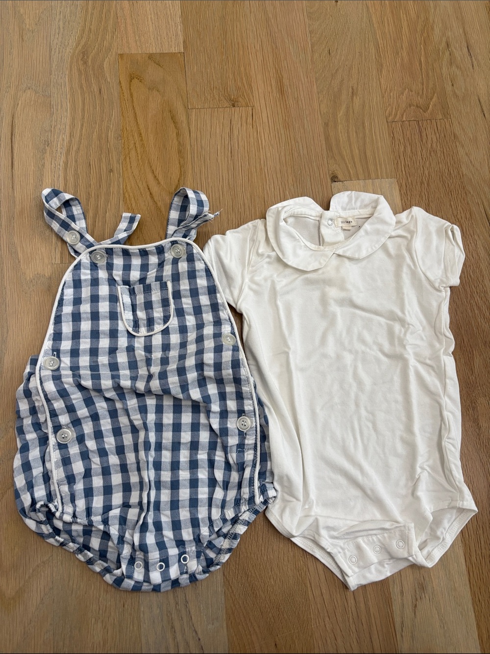 Lil Legs Blue Gingham Romper & White Peter Pan Collar Bodysuit Set - Kids